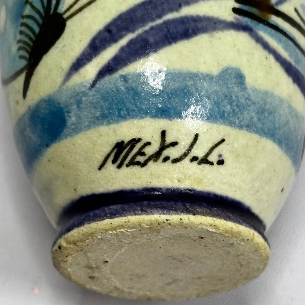 Vintage Mexican Pottery Bud Vase Blue White Hand Painted Bird Signed MEX JL 3.5